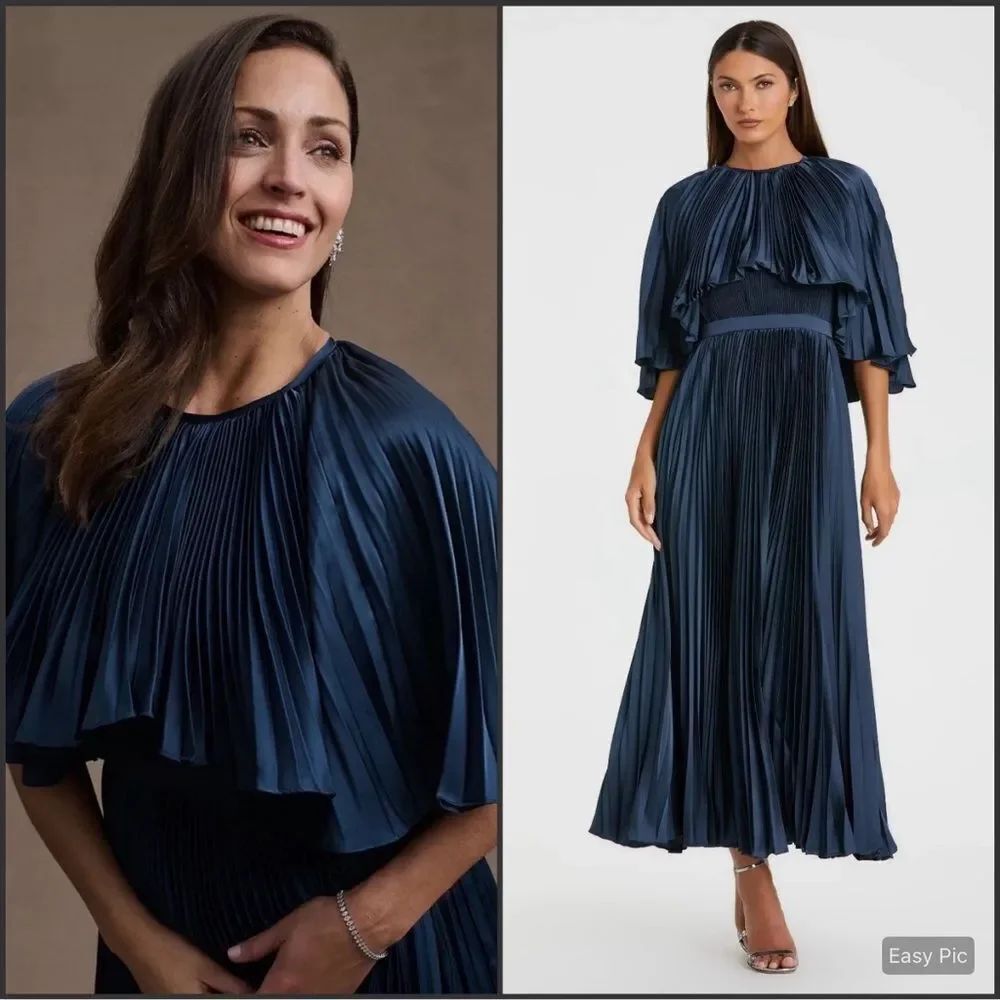 Mac Duggal 49638 Navy Pleated Caplet Tea-length Dress